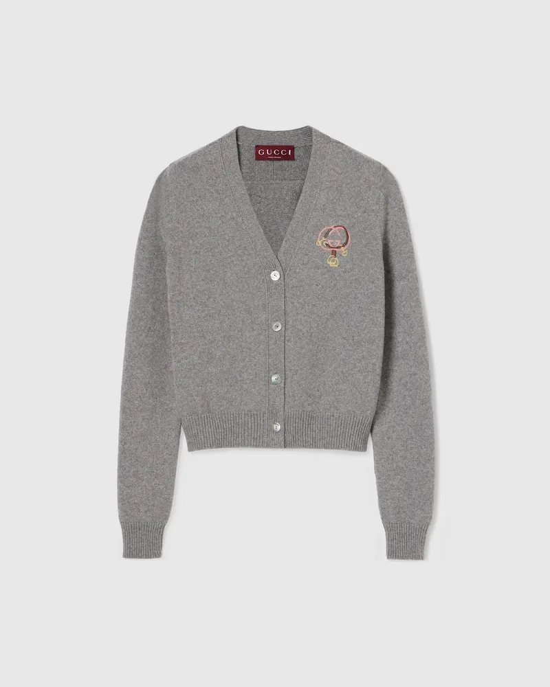 Gucci Cardigan aus Wolle Und Kaschmir Mit Stickerei, Größe Grau