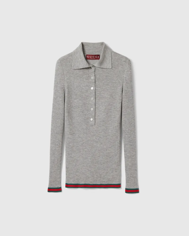 Gucci Poloshirt aus Kaschmir Und Seide Mit Web, Größe Grau