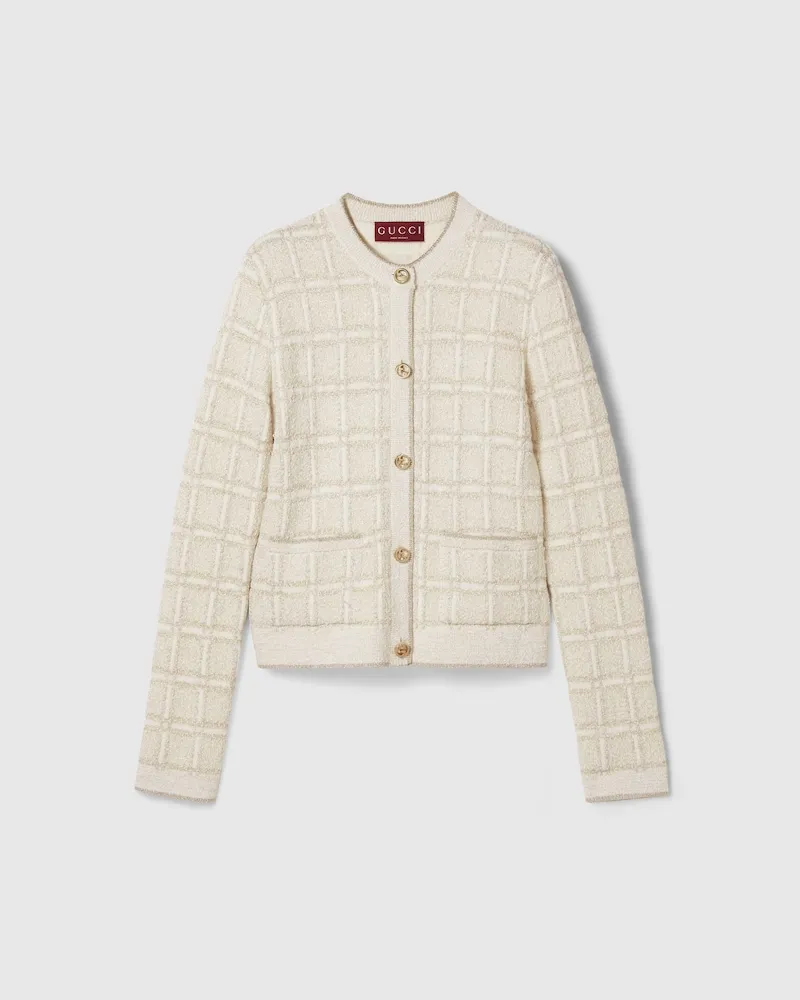 Gucci Cardigan aus Woll- Und Laméjacquard Mit Karomuster, Größe Weiß