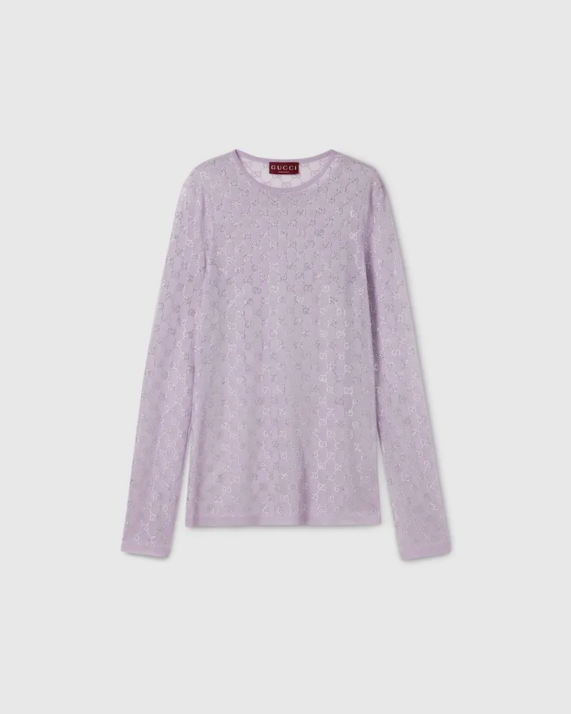 Gucci T-Shirt aus Feiner Seide Mit GG Kristallen, Größe Violett