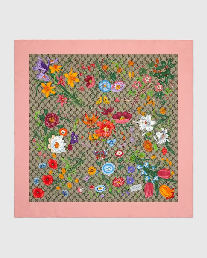 Gucci Vierecktuch aus Seidentwill Mit Flora-Print Beige