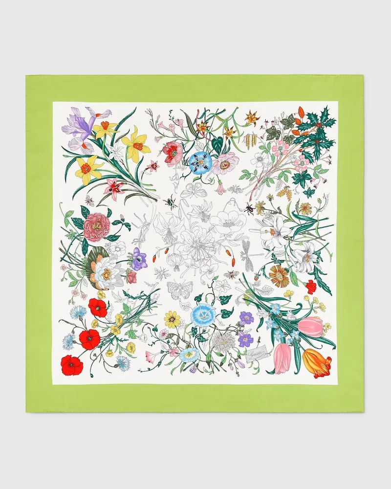Gucci Vierecktuch aus Seidentwill Mit Flora-Print Weiß