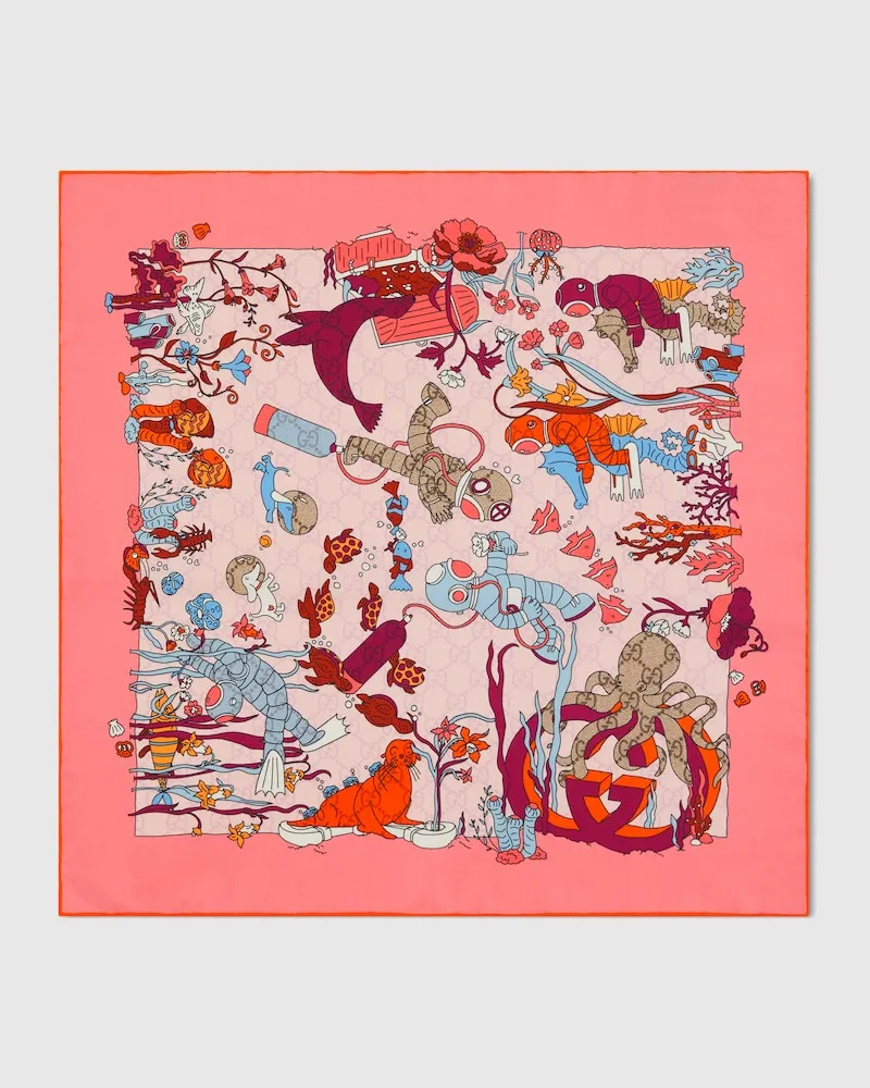 Gucci Vierecktuch aus Seide mit Print Pink