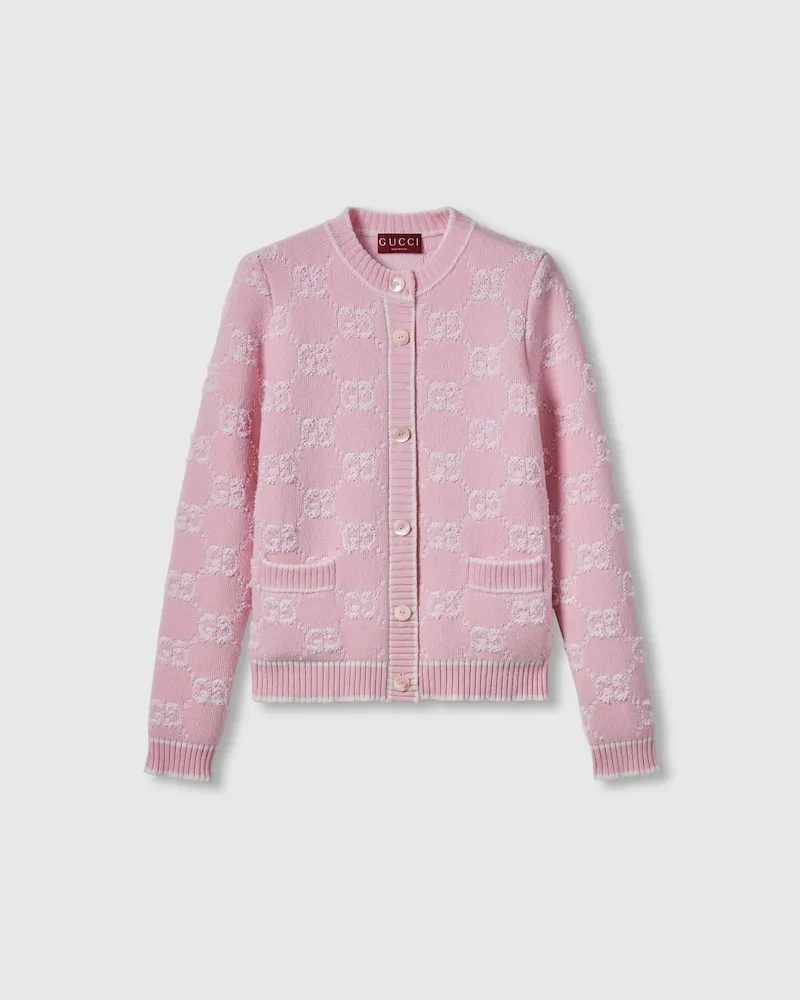 Gucci Cardigan aus Wollbouclé Mit GG Jacquard, Größe Pink