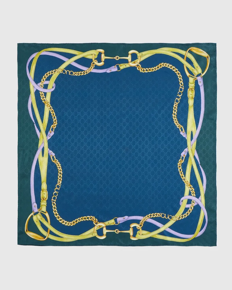 Gucci Vierecktuch aus GG Seidenjacquard mit Print Blau