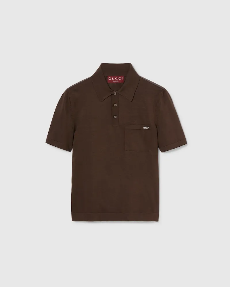Gucci Poloshirt aus Feinem Seidenstrick Mit Intarsie, Größe Braun