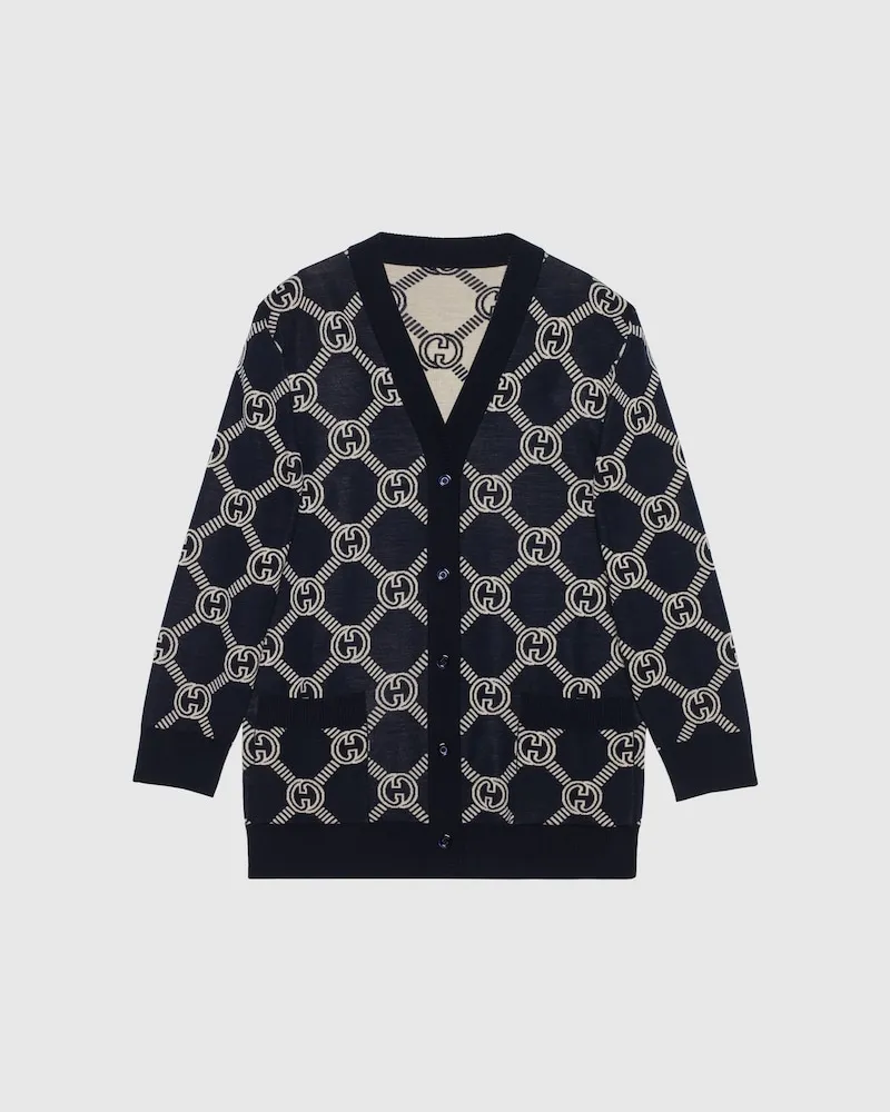 Gucci Wendbarer Cardigan aus GG Wolljacquard, Größe Blau