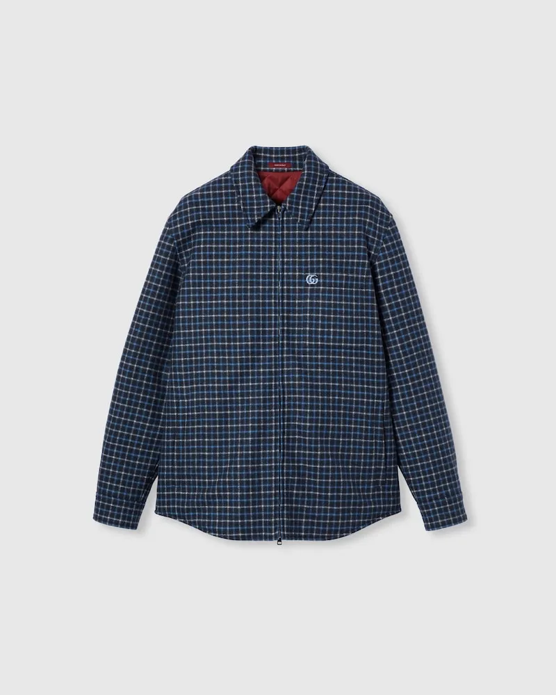 Gucci Jacke aus Wollflanell Mit Stickerei Und Reißverschluss, Größe Blau