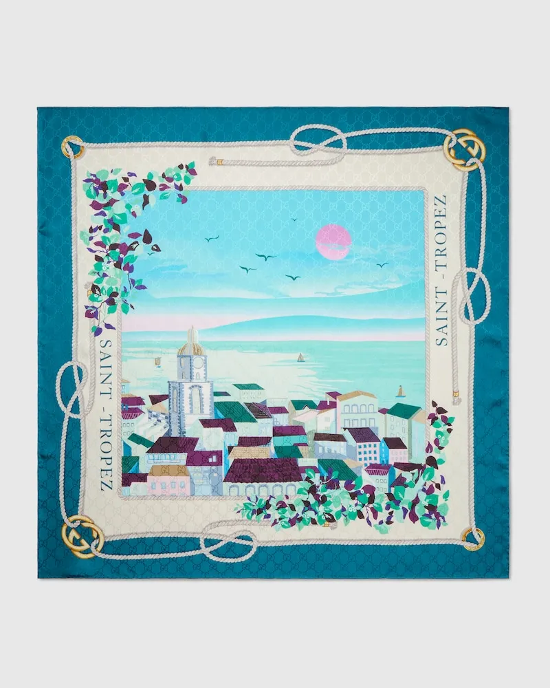 Gucci Vierecktuch aus Seide mit 'Saint-Tropez'-Print Blau