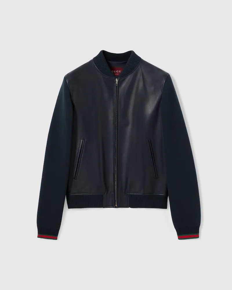 Gucci Bomberjacke aus Nappaleder Und Strick, Größe Blau