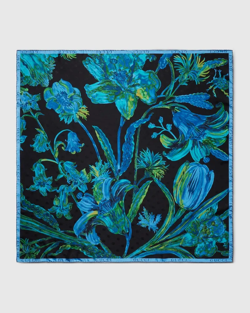 Gucci Vierecktuch aus Seidentwill mit Blumen- Und Doppel G Print Blau