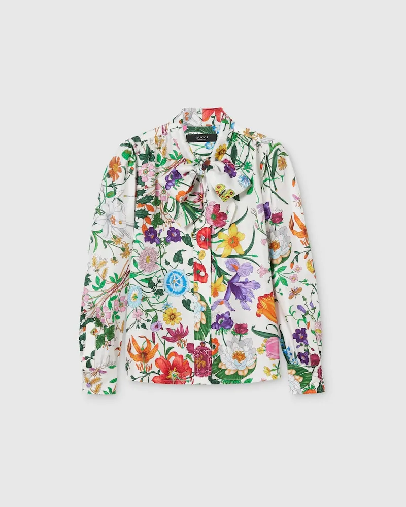 Gucci Bluse aus Seidentwill Mit Print Und Schleife, Größe Weiß