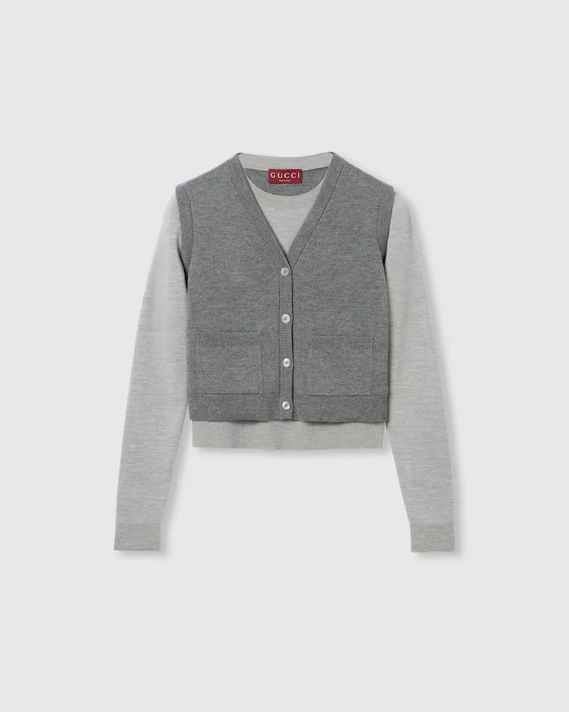 Gucci Oberteil aus Wolle Und Seide Mit Westen-Overlay, Größe Grau
