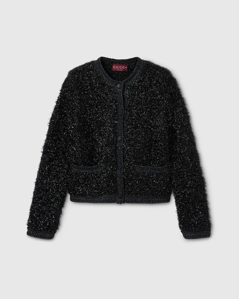 Gucci Cardigan aus Glänzender, Grober Wolle, Größe Schwarz