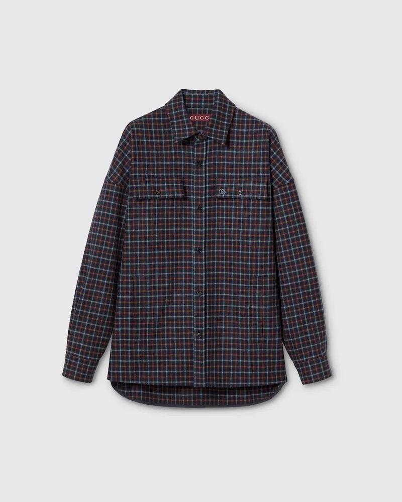 Gucci Hemd aus Gebürsteter Wolle Mit Karomuster, Größe Blau