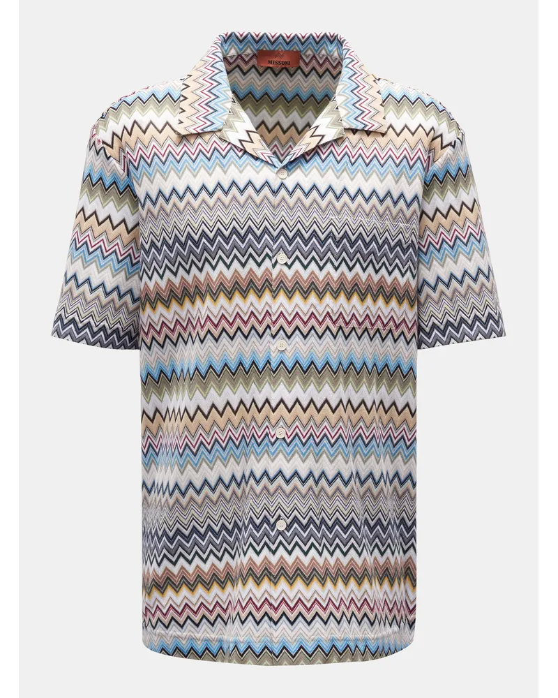 Missoni Kurzarm Strick-Hemd Kubanischer Kragen blau/beige/creme Blau