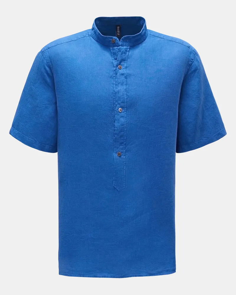 04651/ Herren - Popover-Kurzarmhemd 'Linen Guru' Grandad-Kragen blau Blau