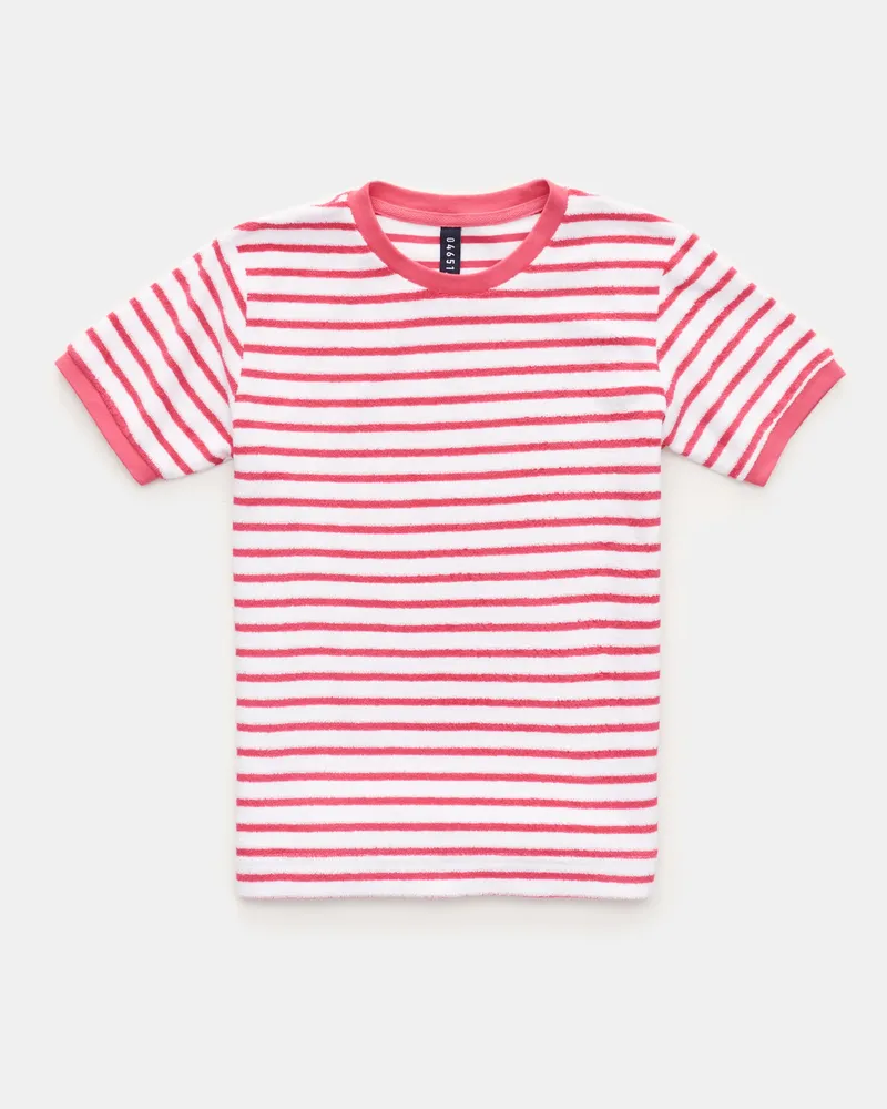 04651/ Herren - Kinder Frottee Rundhals-T-Shirt 'Kids Terry Stripe Tee' koralle/weiß gestreift Koralle