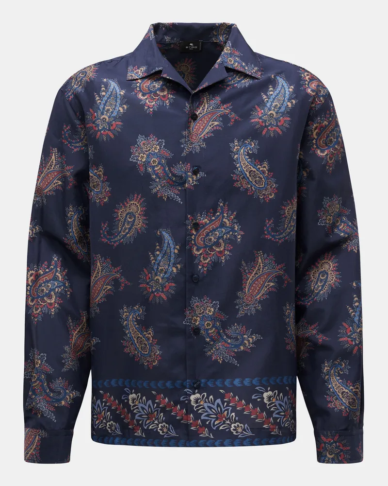 Etro Herren - Casual Hemd Kubanischer Kragen navy/beige/rotbraun gemustert Navy