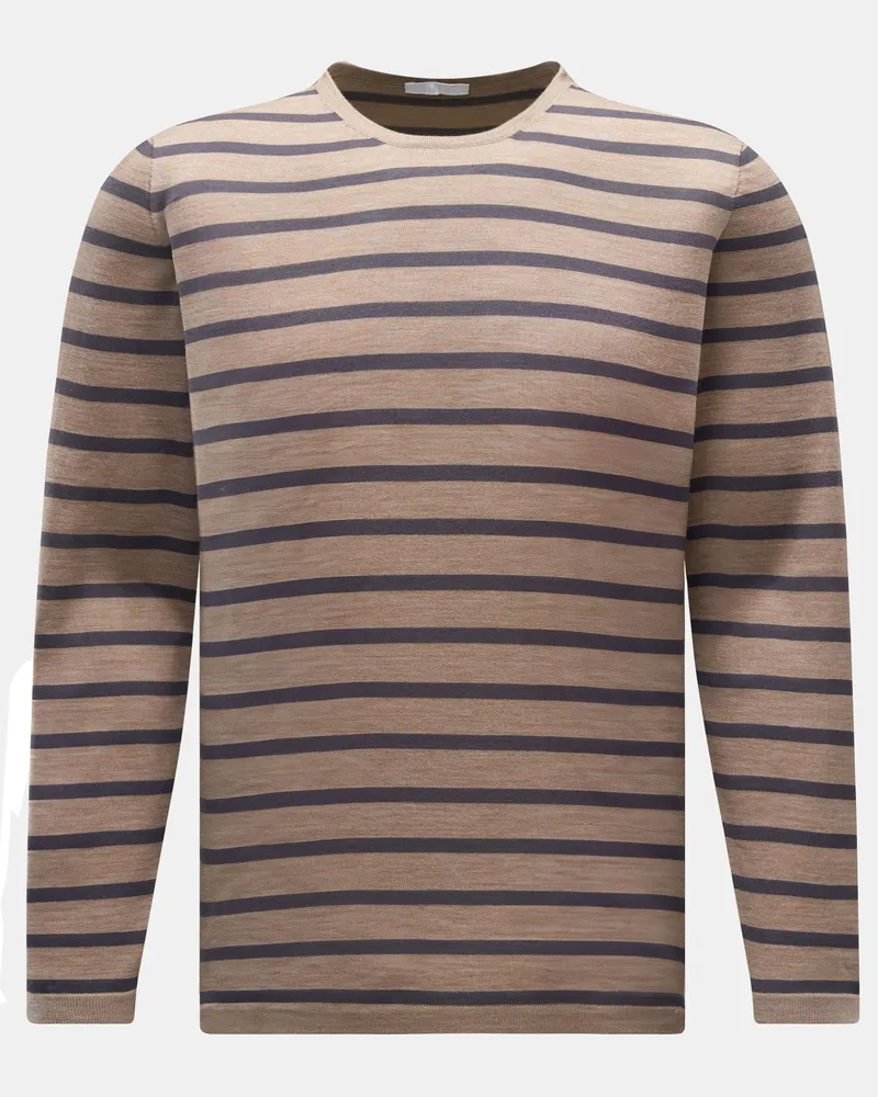 04651/ Herren - Feinstrick Rundhals-Pullover graubraun/anthrazit gestreift Graubraun