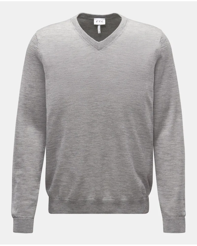 FTC Cashmere Feinstrick V-Ausschnitt-Pullover grau meliert Grau