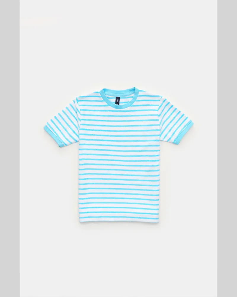04651/ Herren - Kinder Frottee Rundhals-T-Shirt 'Kids Terry Stripe Tee' türkis/weiß gestreift Türkis