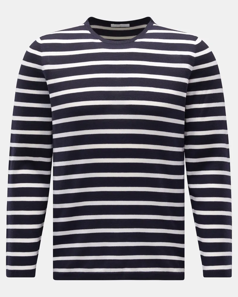 04651/ Herren - Feinstrick Rundhals-Pullover navy/weiß gestreift Navy