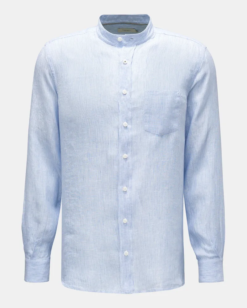 Weber+Weber Herren - Leinenhemd 'Striped Linen Collar Shirt' Grandad-Kragen rauchblau/weiß gestreift Rauchblau