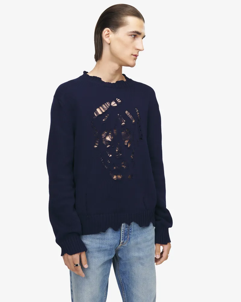 Alexander McQueen Pullover mit Distressed-Totenkopf - Item 858362Q1BA64100 Navy