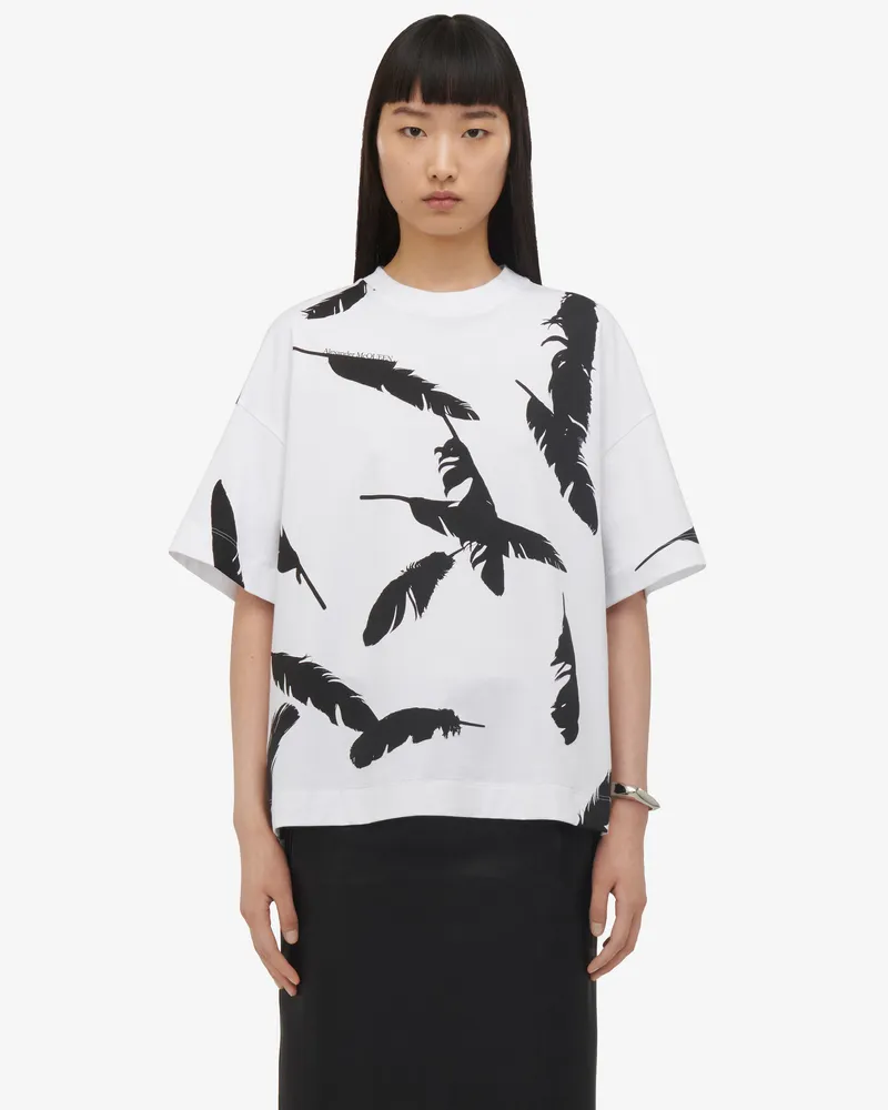 Alexander McQueen Oversized-T-Shirt mit Feder-Print Weiss