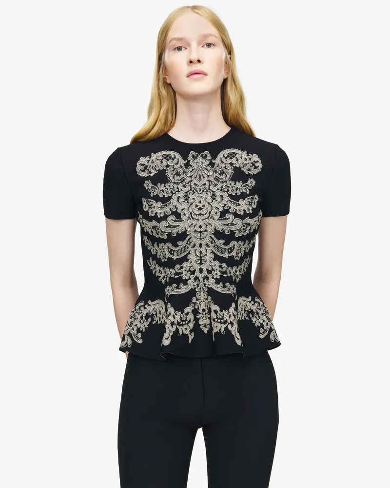 Alexander McQueen Schößchen-Top mit Rippenstickerei aus Spitze - Item 852789Q1BFU1062 Schwarz