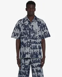 Alexander McQueen Hawaii-Hemd aus Denim mit McQueen Graffiti-Motiv Indigo