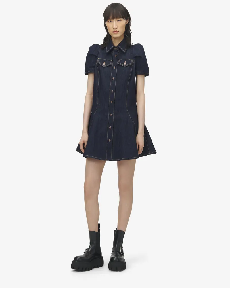 Alexander McQueen Minikleid aus Denim mit betonten Schultern - Item 847963QMADZ4098 Dunkelblau