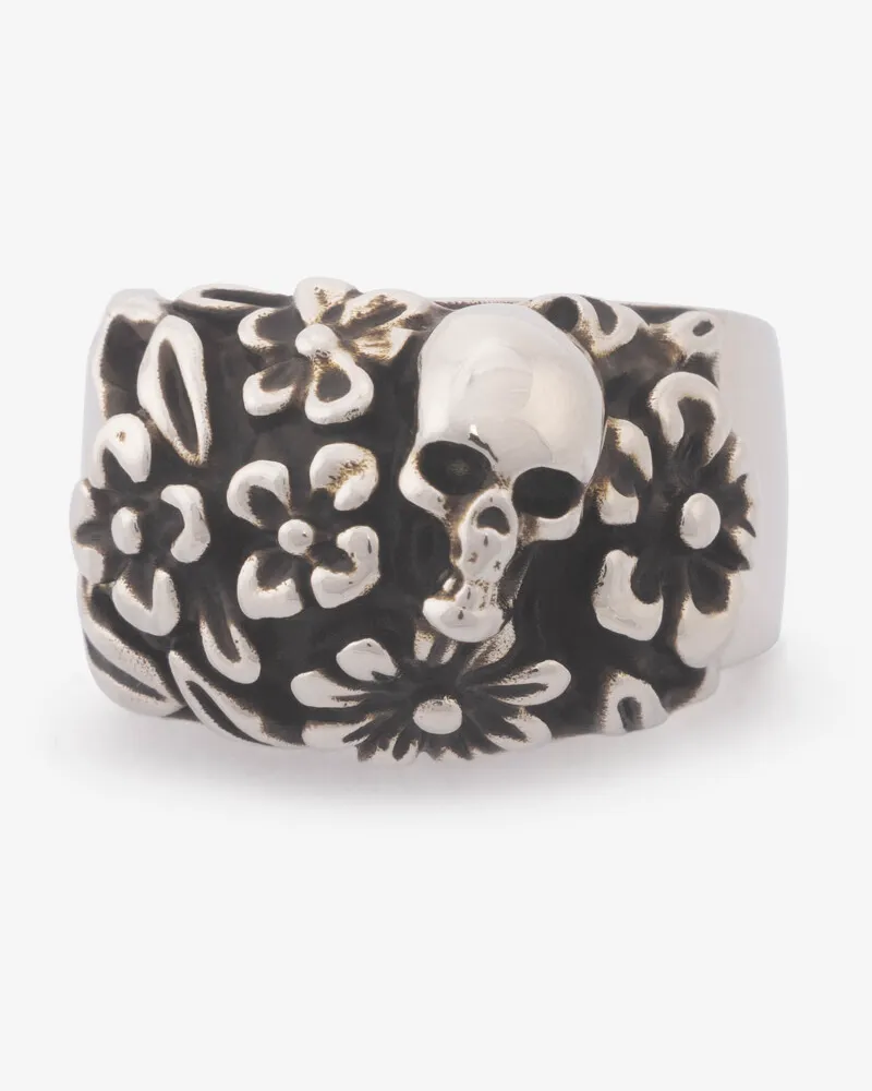 Alexander McQueen Der Floral Skull Ring Antiksilber