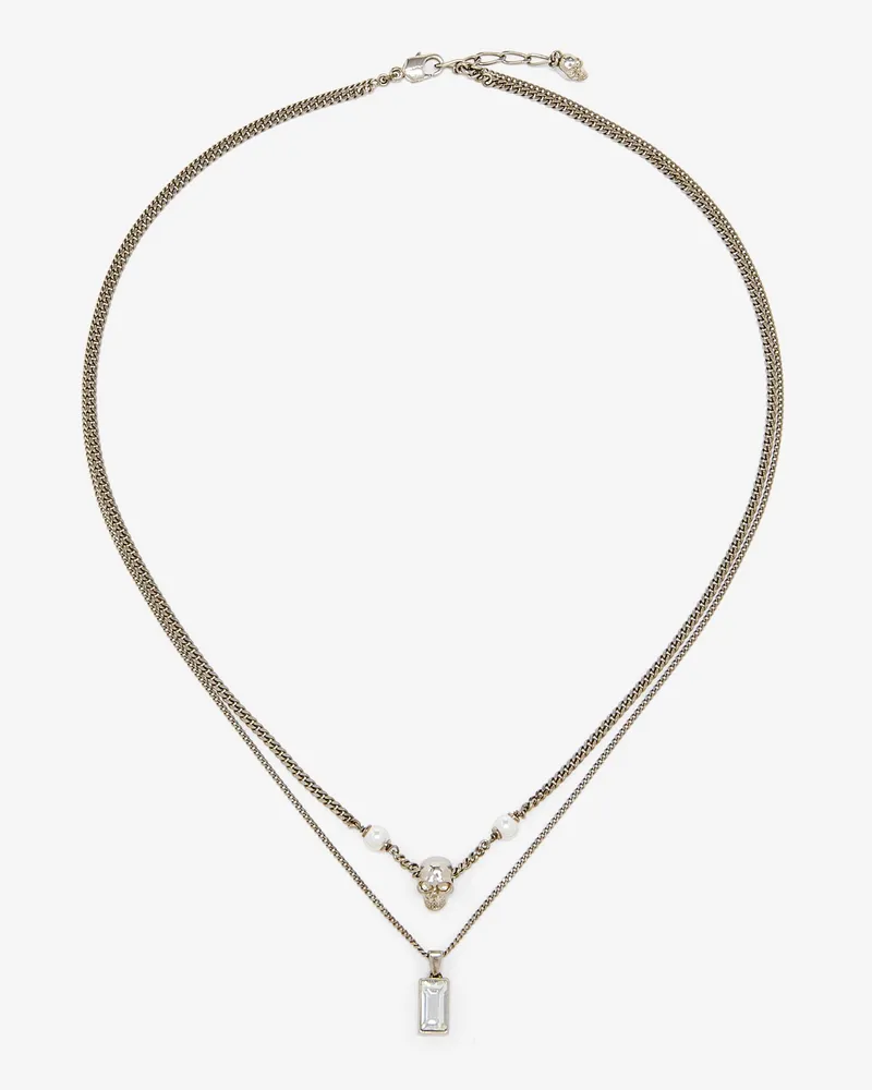 Alexander McQueen Doppelte Ketten-Halskette mit Totenkopf und Perle - Item 846583J161B1221 Palladium