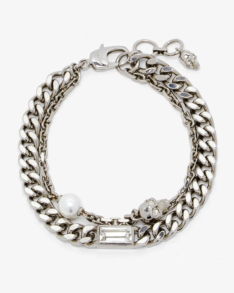 Alexander McQueen Mehrlagiges Kettenarmband mit Totenkopf und Perle - Item 846584J161B1221 Palladium