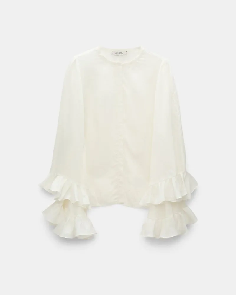 Dorothee Schumacher Bluse aus gestreiftem Seide-Viskose Organdy Voile mit Volants Weiß