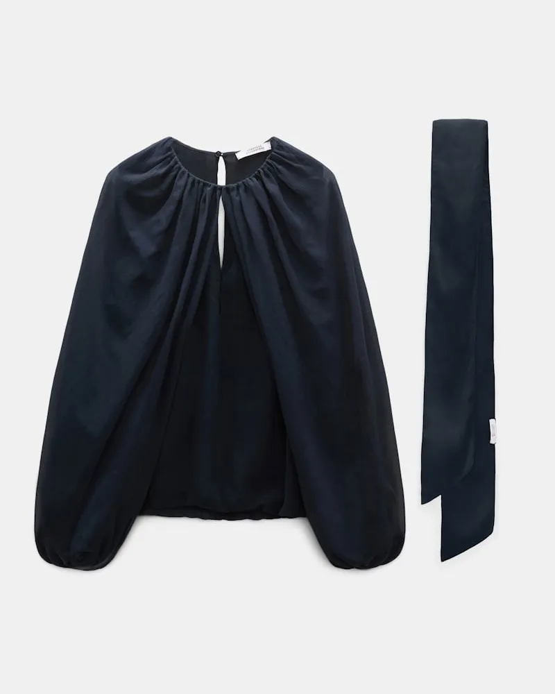 Dorothee Schumacher Set aus Bluse und Schal aus crinkled Baumwoll-Seiden-Georgette Blau