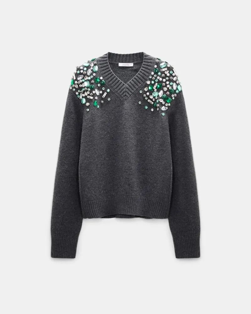 Dorothee Schumacher Verzierter V-Ausschnitt-Pullover aus Merino Grau