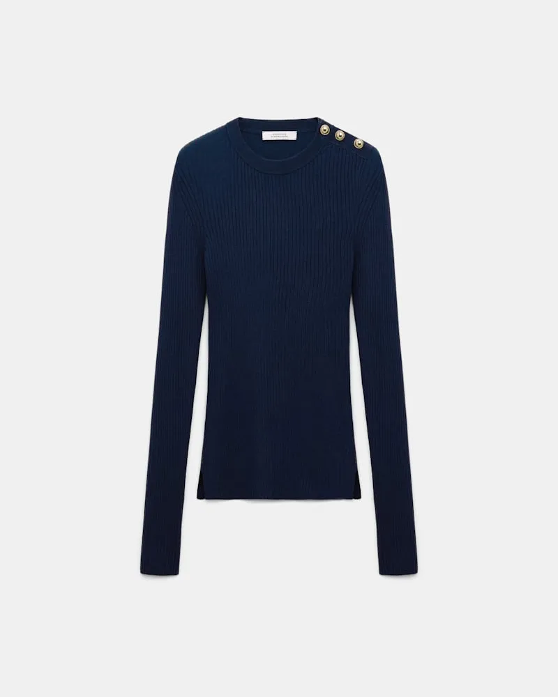 Dorothee Schumacher Pullover aus Wolle-Seide Mix mit goldenen Knöpfen Blau