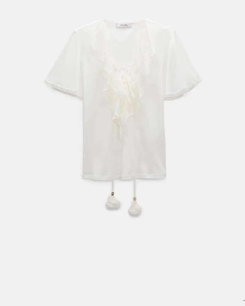 Dorothee Schumacher T-Shirt mit Georgette-Plastron und geschnürter Quaste Weiß