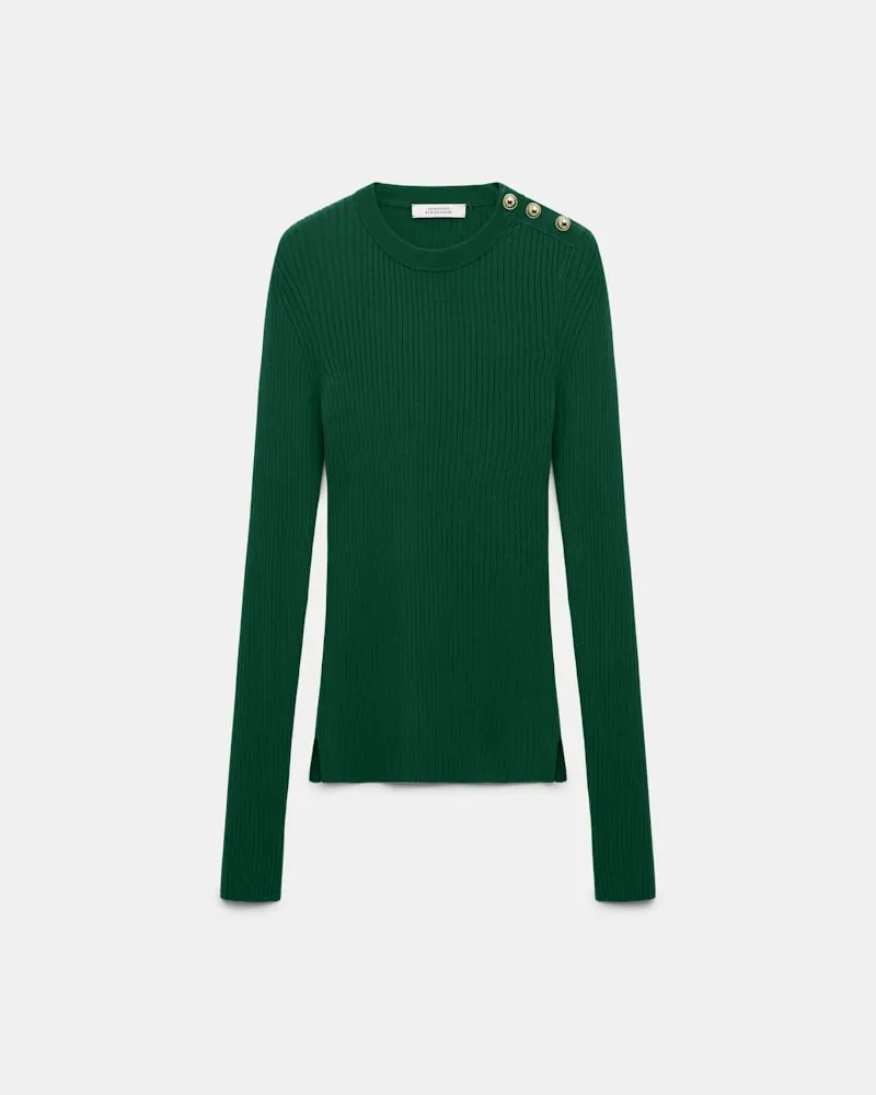 Dorothee Schumacher Pullover aus Wolle-Seide Mix mit goldenen Knöpfen Grün