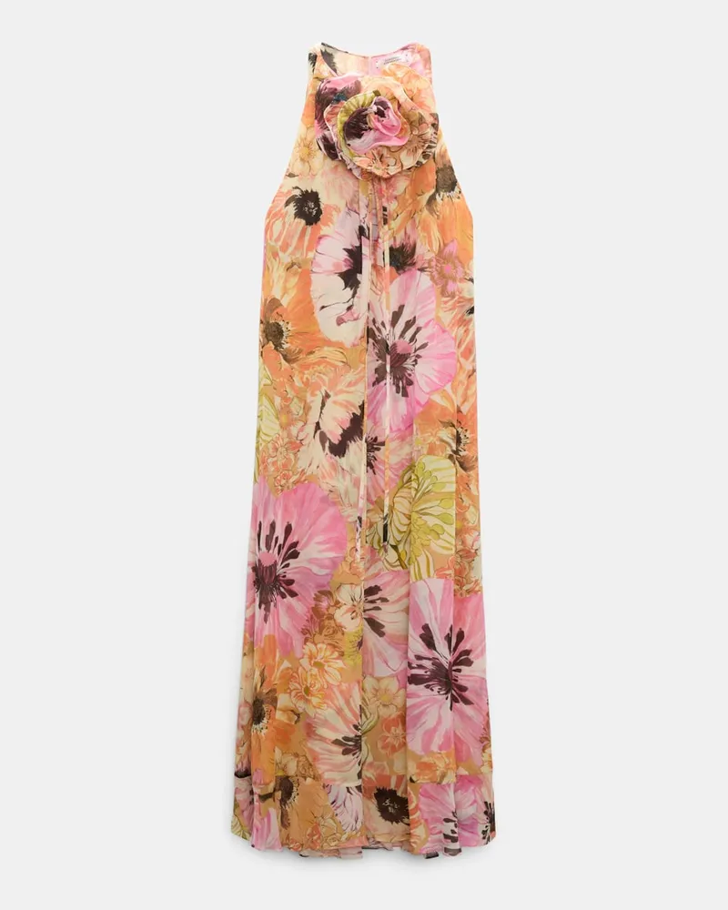 Dorothee Schumacher Midi-Kleid mit Blumenbrosche im Signature Print aus Viskose-Georgette Multi