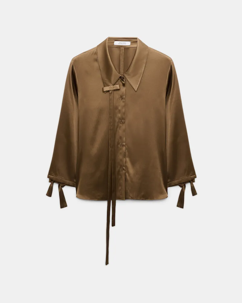 Dorothee Schumacher Bluse aus Seiden-Stretch-Satin mit Schleifen-Details Braun