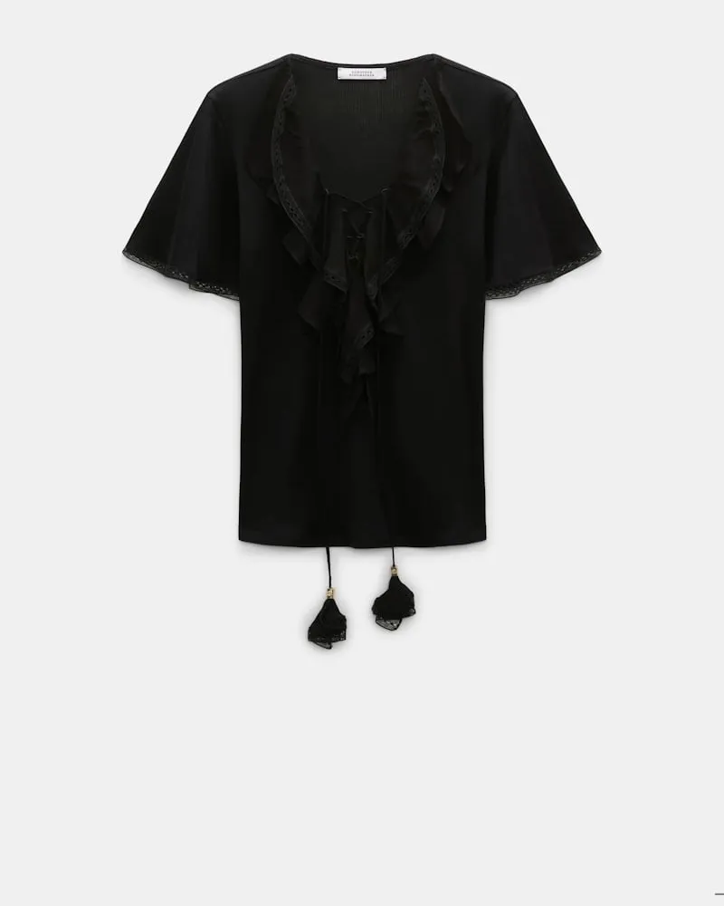 Dorothee Schumacher T-Shirt mit Georgette-Plastron und geschnürter Quaste Schwarz