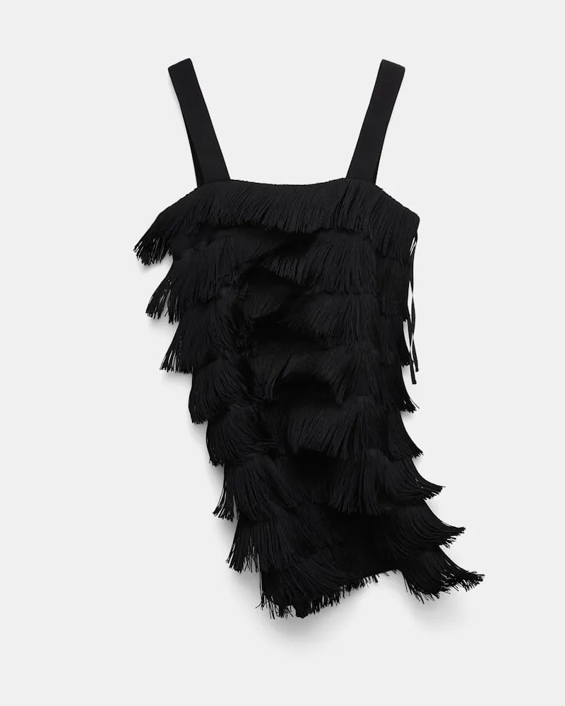 Dorothee Schumacher Punto Milano Kleid mit breiten Trägern und Allover-Fransen Schwarz