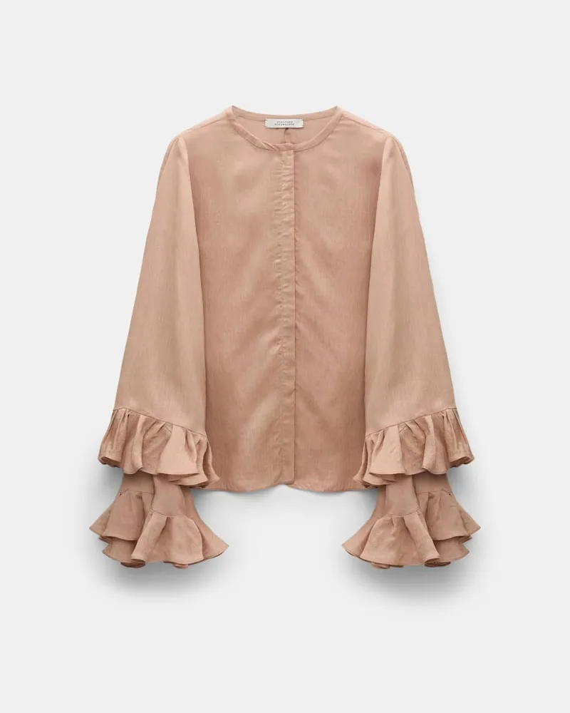 Dorothee Schumacher Bluse aus gestreiftem Seide-Viskose Organdy Voile mit Volants Braun