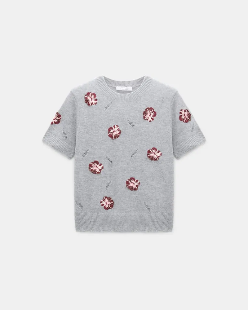 Dorothee Schumacher Kurzärmeliges, besticktes Oberteil aus Merino und Kaschmir Grau