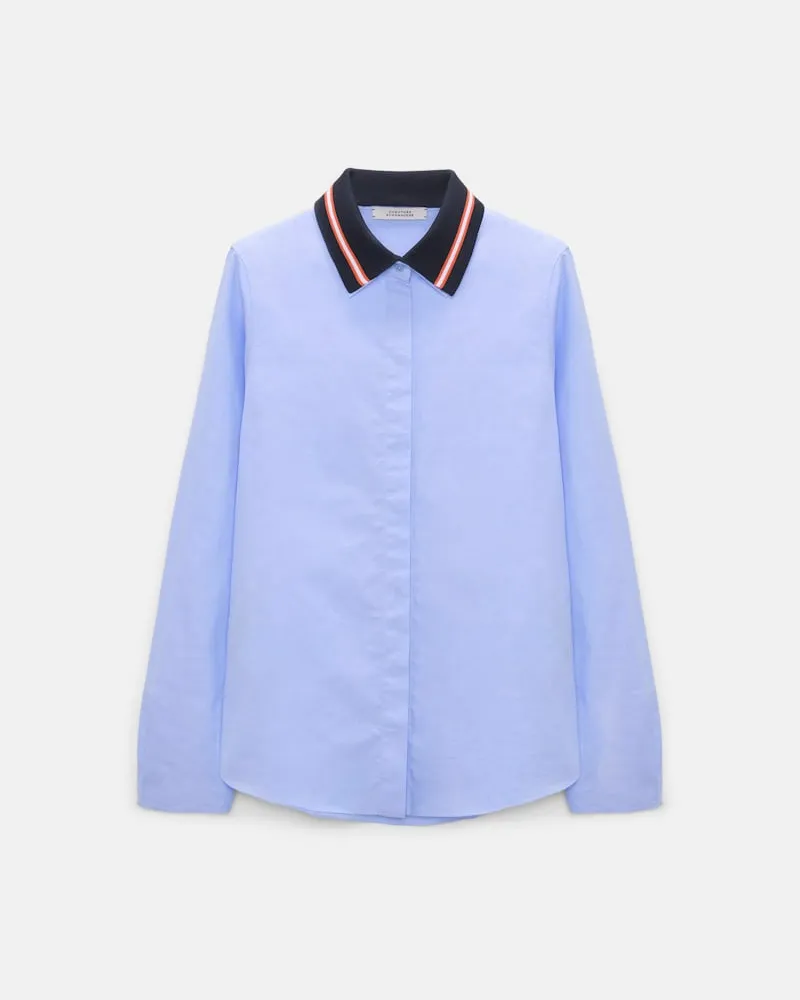 Dorothee Schumacher Bluse mit abnehmbarem, gestreiftem Polokragen aus Baumwoll-Oxford Blau