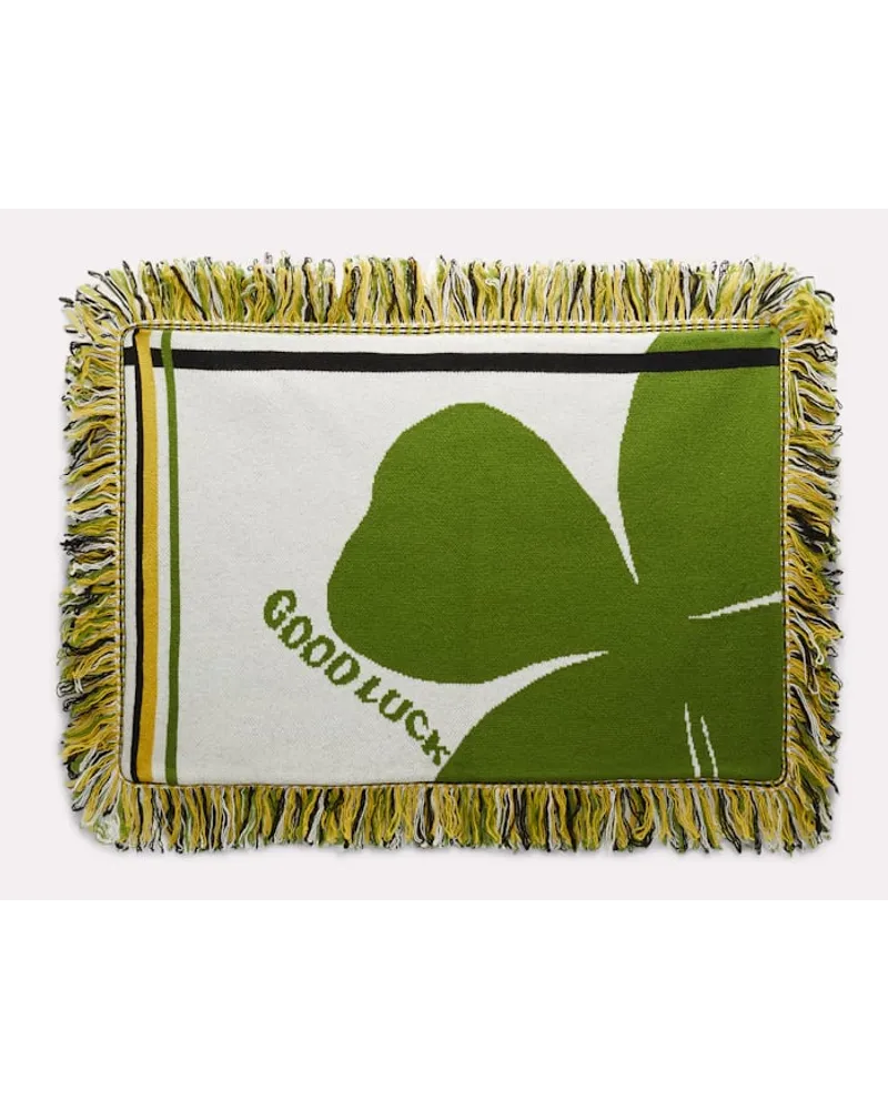 Dorothee Schumacher Kissen aus Wolle mit Kleeblatt und GOOD LUCK Motiv Grün